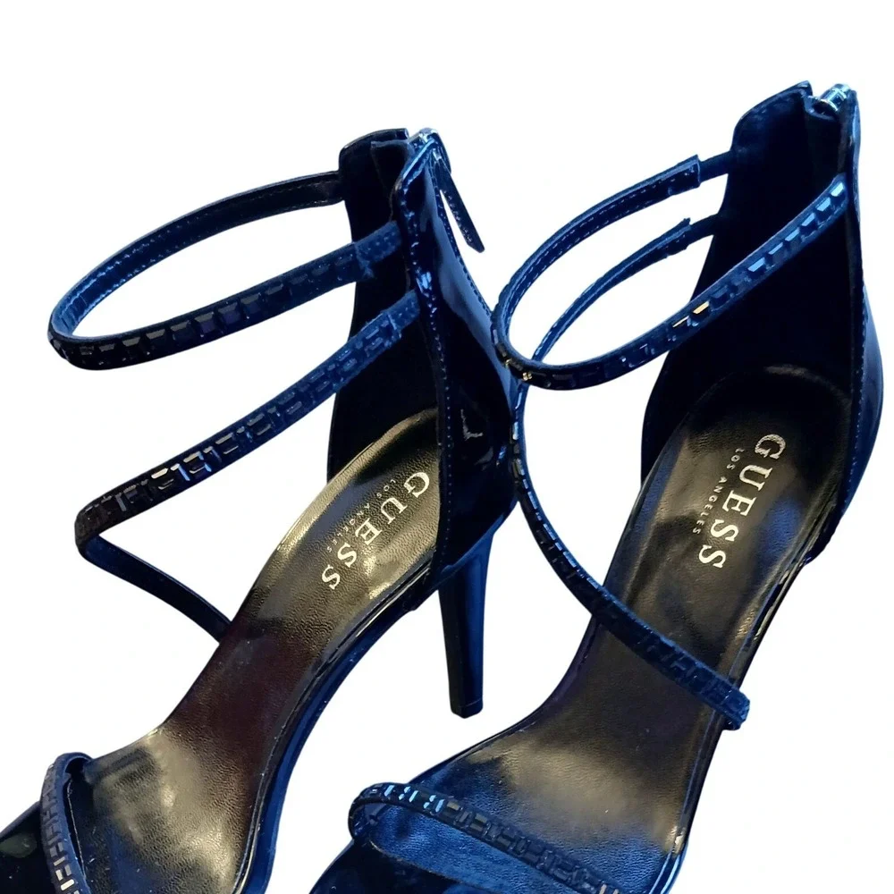 GUESS WGWHOLES Womens Black Patent Rhinestone Strappy Stiletto Heels 8.5M